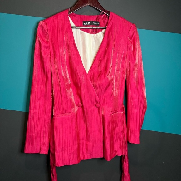 BNWT Zara Pink Blazer with Relaxed Silhouette and Self-Tie Belt - Picture 8 of 13